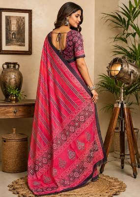 pink black chanderi cotton printed party wear festive 1 minute ready to wear saree with unstitched blouse piece 4
