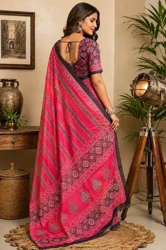 pink black chanderi cotton printed  party wear festive 1 minute ready to wear saree with unstitched blouse piece