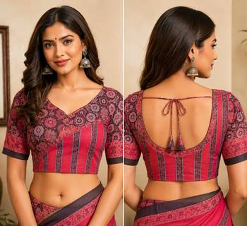pink black chanderi cotton printed party wear festive 1 minute ready to wear saree with unstitched blouse piece 5