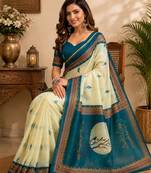 off white turquoise chanderi cotton  party wear festive 1 minute ready to wear saree with unstitched blouse piece