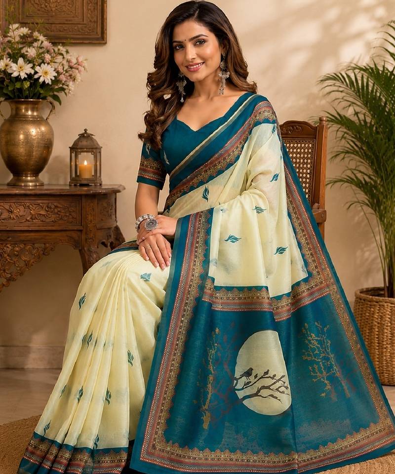 off white turquoise chanderi cotton  party wear festive 1 minute ready to wear saree with unstitched blouse piece