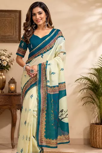 off white turquoise chanderi cotton party wear festive 1 minute ready to wear saree with unstitched blouse piece