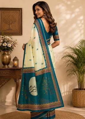 off white turquoise chanderi cotton party wear festive 1 minute ready to wear saree with unstitched blouse piece 3