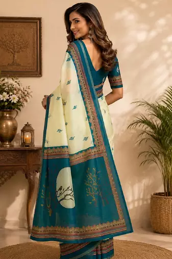 off white turquoise chanderi cotton party wear festive 1 minute ready to wear saree with unstitched blouse piece
