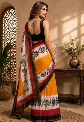 white black chanderi cotton printed party wear festive 1 minute ready to wear saree with unstitched blouse piece 3
