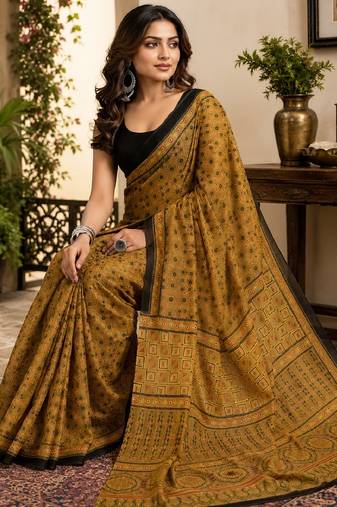 mustard black chanderi cotton printed  party wear festive 1 minute ready to wear saree with unstitched blouse piece