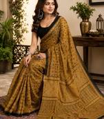 mustard black chanderi cotton printed  party wear festive 1 minute ready to wear saree with unstitched blouse piece