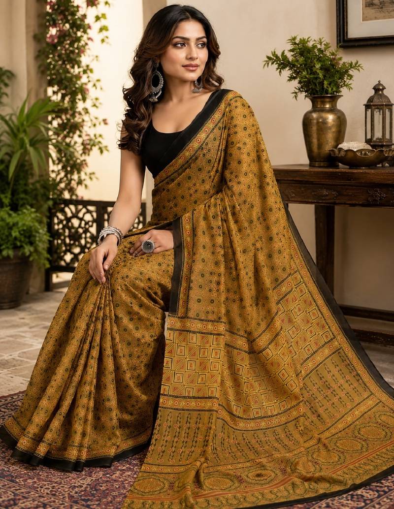 mustard black chanderi cotton printed  party wear festive 1 minute ready to wear saree with unstitched blouse piece