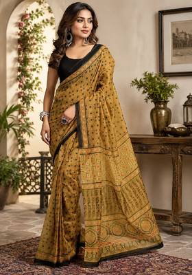 mustard black chanderi cotton printed party wear festive 1 minute ready to wear saree with unstitched blouse piece 2