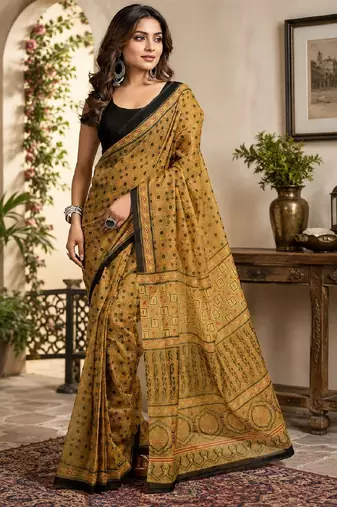 mustard black chanderi cotton printed party wear festive 1 minute ready to wear saree with unstitched blouse piece