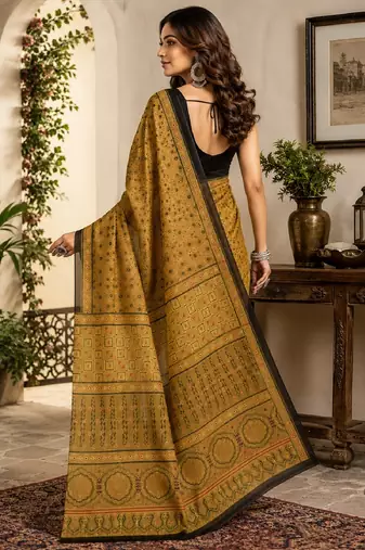 mustard black chanderi cotton printed party wear festive 1 minute ready to wear saree with unstitched blouse piece