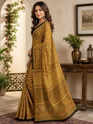 mustard black chanderi cotton printed party wear festive 1 minute ready to wear saree with unstitched blouse piece 4