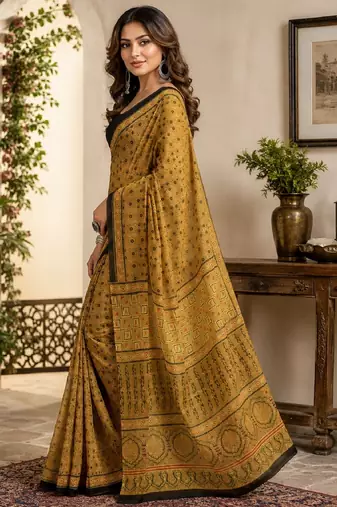 mustard black chanderi cotton printed party wear festive 1 minute ready to wear saree with unstitched blouse piece