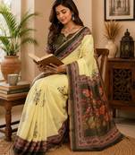 cream mehendi chanderi cotton printed  party wear festive 1 minute ready to wear saree with unstitched blouse piece