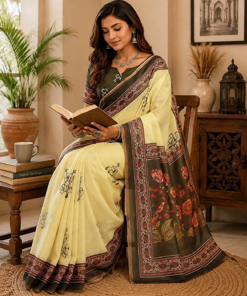 cream mehendi chanderi cotton printed  party wear festive 1 minute ready to wear saree with unstitched blouse piece