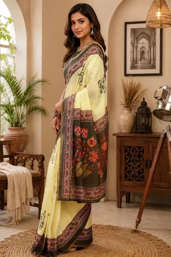 cream mehendi chanderi cotton printed party wear festive 1 minute ready to wear saree with unstitched blouse piece