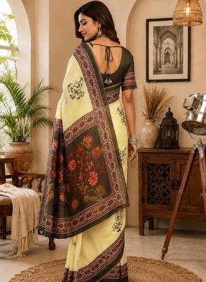 cream mehendi chanderi cotton printed party wear festive 1 minute ready to wear saree with unstitched blouse piece 3