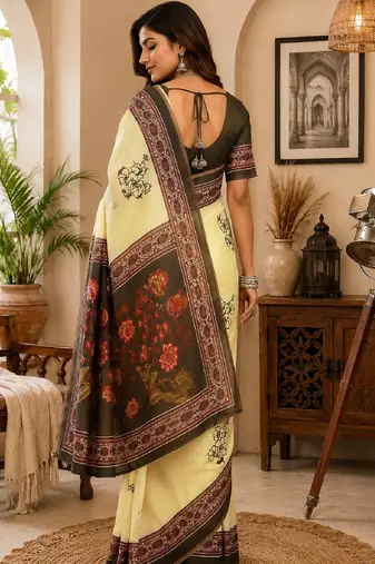 cream mehendi chanderi cotton printed party wear festive 1 minute ready to wear saree with unstitched blouse piece