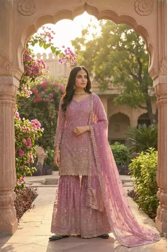 Pink embroidered sharara suit stitched