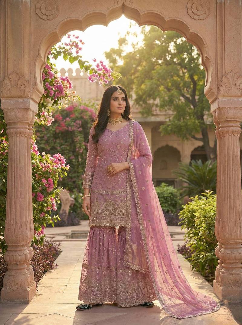 Pink embroidered sharara suit stitched