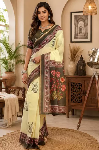 cream mehendi chanderi cotton printed party wear festive 1 minute ready to wear saree with unstitched blouse piece