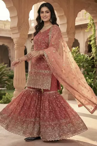 Orange embroidered sharara suit