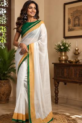 white green chanderi cotton printed party wear festive 1 minute pre-stitched saree piece 2