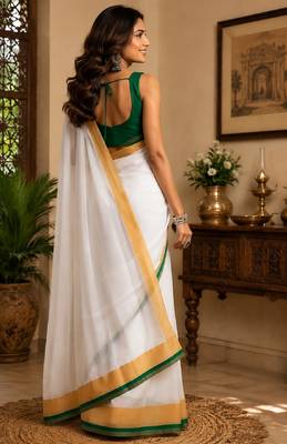 white green chanderi cotton printed party wear festive 1 minute pre-stitched saree piece 4