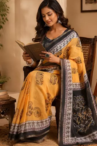 yellow black chanderi cotton printed  party wear festive 1 minute ready to wear saree with unstitched blouse piece