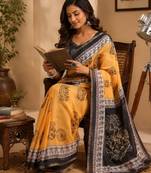 yellow black chanderi cotton printed  party wear festive 1 minute ready to wear saree with unstitched blouse piece