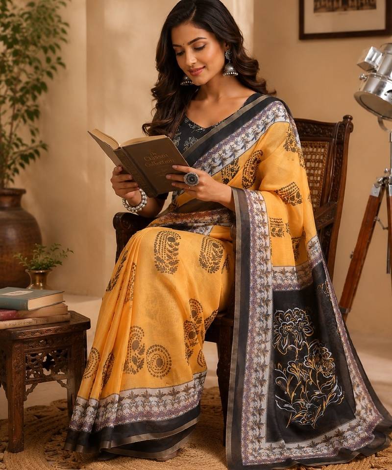 yellow black chanderi cotton printed  party wear festive 1 minute ready to wear saree with unstitched blouse piece