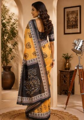 yellow black chanderi cotton printed party wear festive 1 minute ready to wear saree with unstitched blouse piece 3