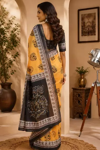 yellow black chanderi cotton printed  party wear festive 1 minute ready to wear saree with unstitched blouse piece