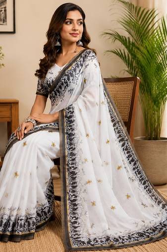 white chanderi cotton printed party wear festive 1 minute ready to wear saree with unstitched blouse piece