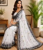 white chanderi cotton printed party wear festive 1 minute ready to wear saree with unstitched blouse piece