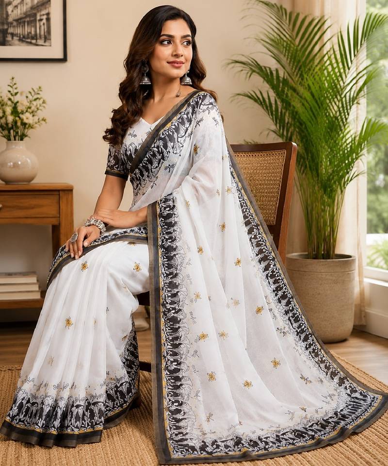 white chanderi cotton printed party wear festive 1 minute ready to wear saree with unstitched blouse piece