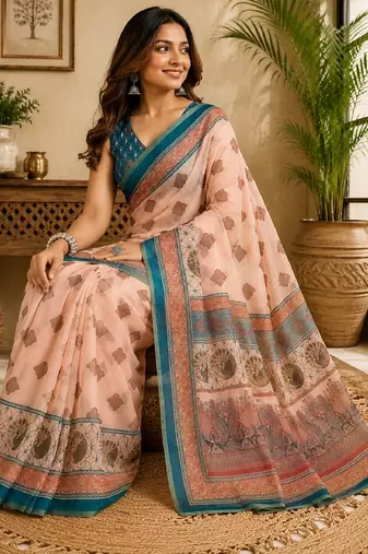 peach turquoise chanderi cotton printed  party wear festive 1 minute ready to wear saree with unstitched blouse piece