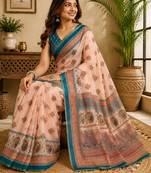 peach turquoise chanderi cotton printed  party wear festive 1 minute ready to wear saree with unstitched blouse piece