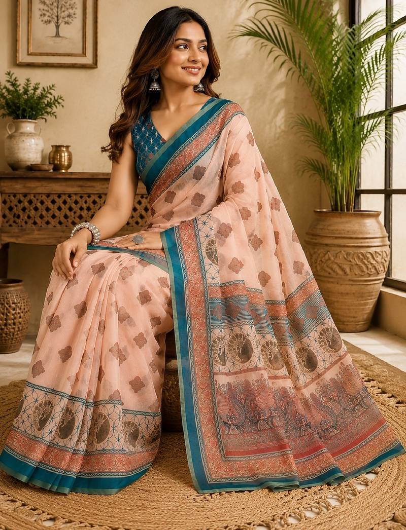 peach turquoise chanderi cotton printed  party wear festive 1 minute ready to wear saree with unstitched blouse piece