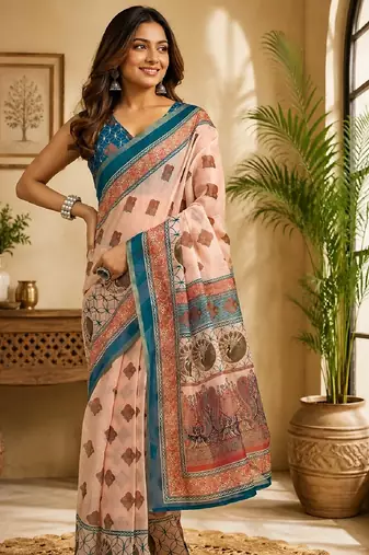 peach turquoise chanderi cotton printed  party wear festive 1 minute ready to wear saree with unstitched blouse piece