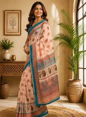 peach turquoise chanderi cotton printed party wear festive 1 minute ready to wear saree with unstitched blouse piece 3