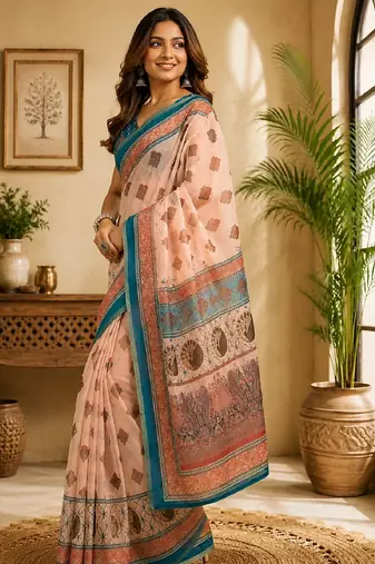peach turquoise chanderi cotton printed  party wear festive 1 minute ready to wear saree with unstitched blouse piece