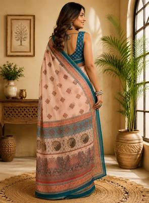 peach turquoise chanderi cotton printed party wear festive 1 minute ready to wear saree with unstitched blouse piece 4
