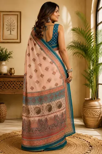 peach turquoise chanderi cotton printed  party wear festive 1 minute ready to wear saree with unstitched blouse piece