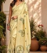 light beige chanderi cotton printed  party wear festive 1 minute ready to wear saree with unstitched blouse piece