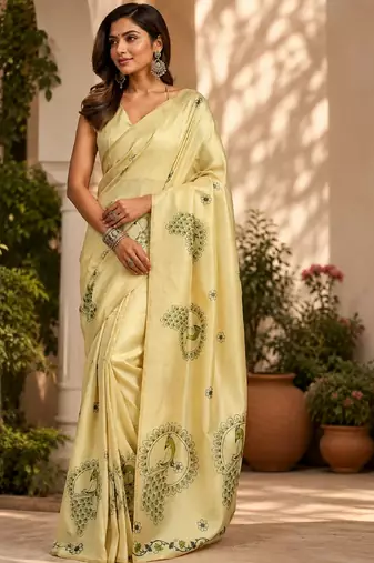 light beige chanderi cotton printed  party wear festive 1 minute ready to wear saree with unstitched blouse piece