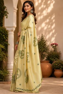 light beige chanderi cotton printed party wear festive 1 minute ready to wear saree with unstitched blouse piece 3