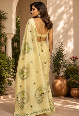 light beige chanderi cotton printed party wear festive 1 minute ready to wear saree with unstitched blouse piece 4