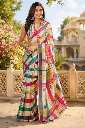 off white chanderi cotton printed party wear festive 1 minute ready to wear saree with unstitched blouse piece