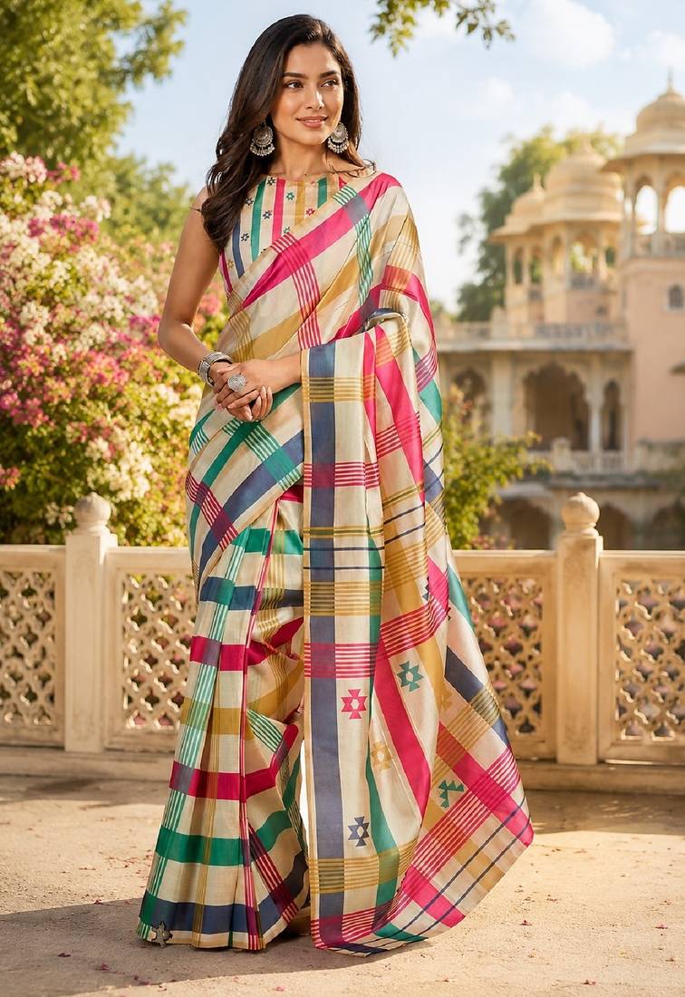 off white chanderi cotton printed party wear festive 1 minute ready to wear saree with unstitched blouse piece